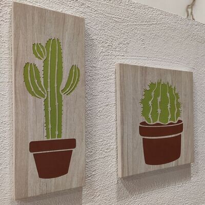 Coppia quadri cactus legno e tela incisi
