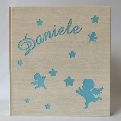Album fotografico tela di lino con angeli, cuori e nome