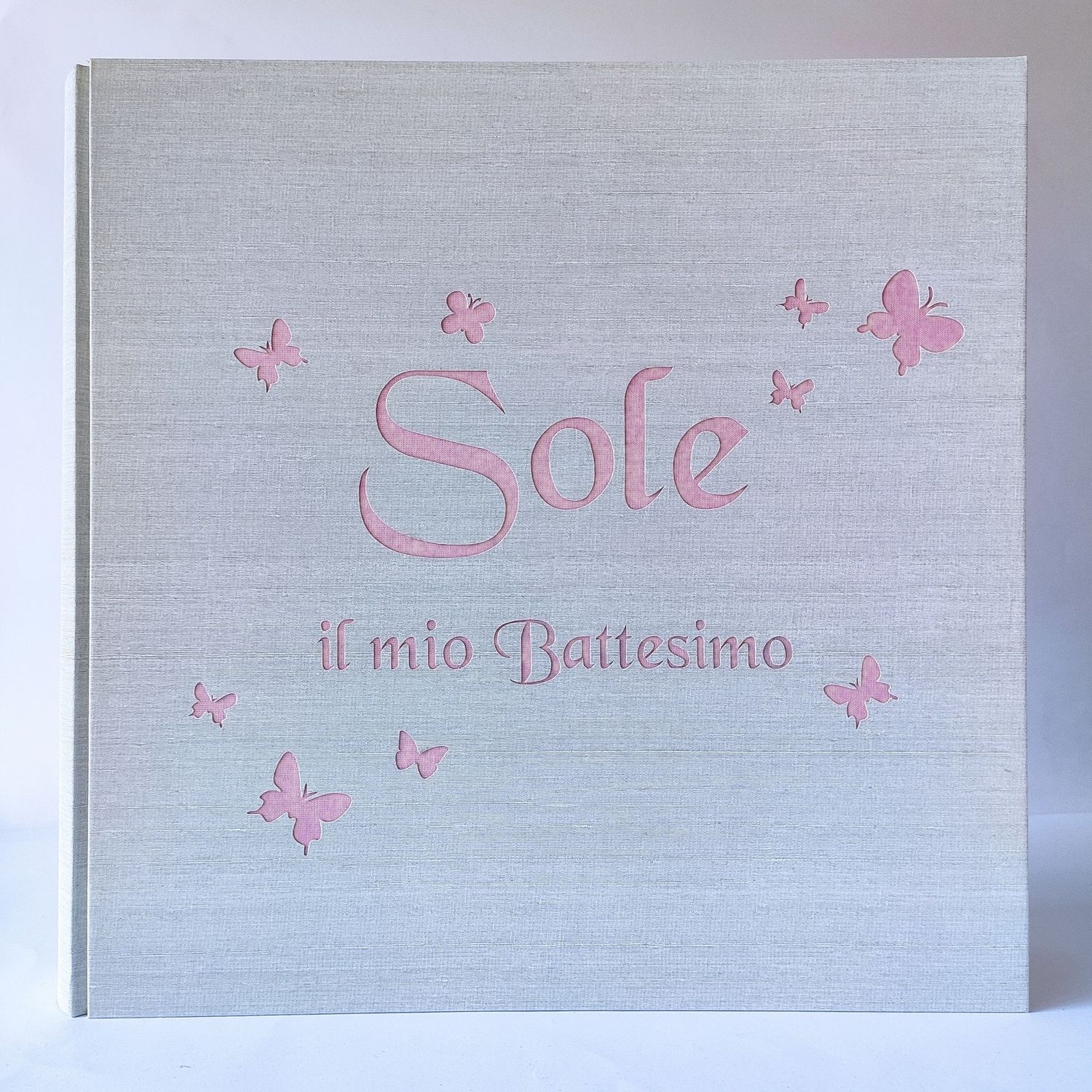 Album fotografico Battesimo in tela farfalle e nome incisi