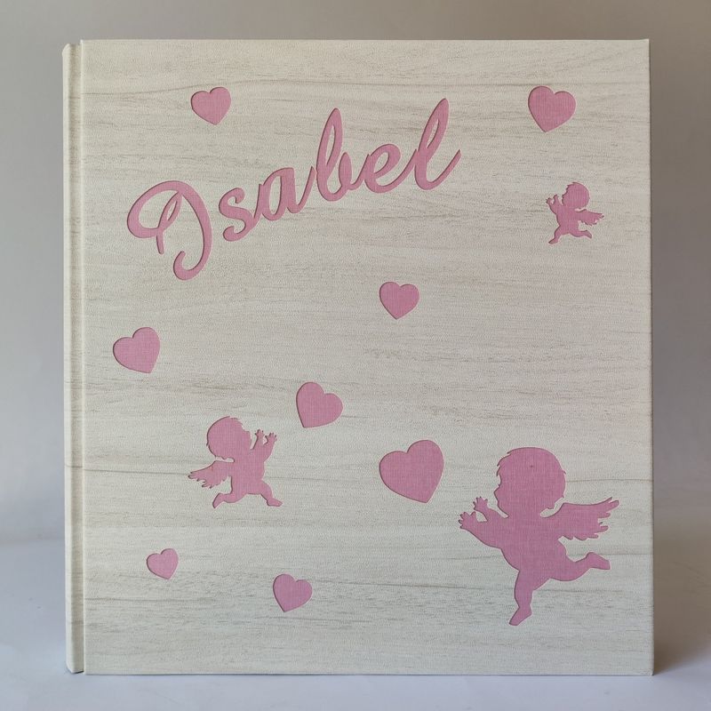 Album fotografico tela di lino con angeli, cuori e nome