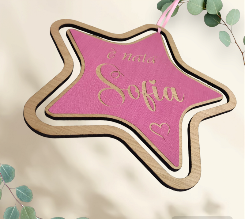 Fiocco nascita stella in legno e tela  "è nata/o" con nome