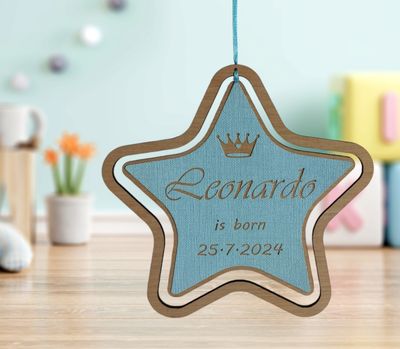 Fiocco nascita stella in legno e tela corona con nome e data