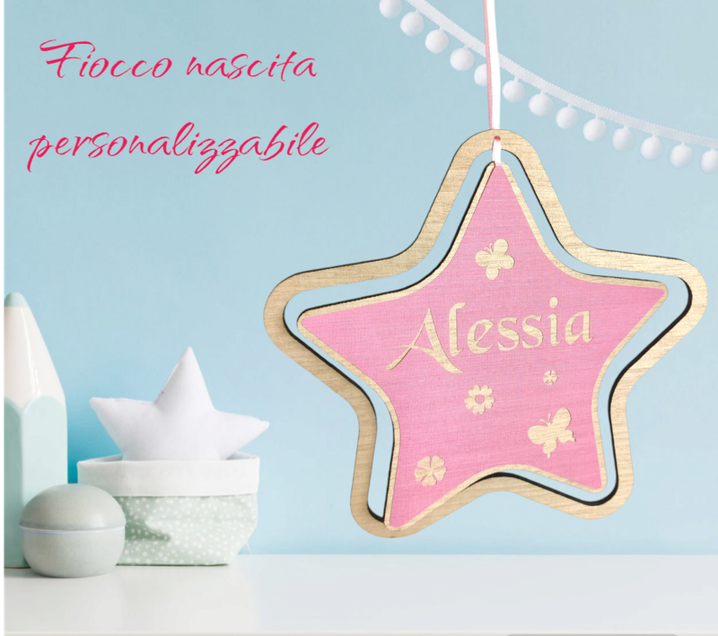 Fiocco nascita stella in legno e tela  farfalle e fiori