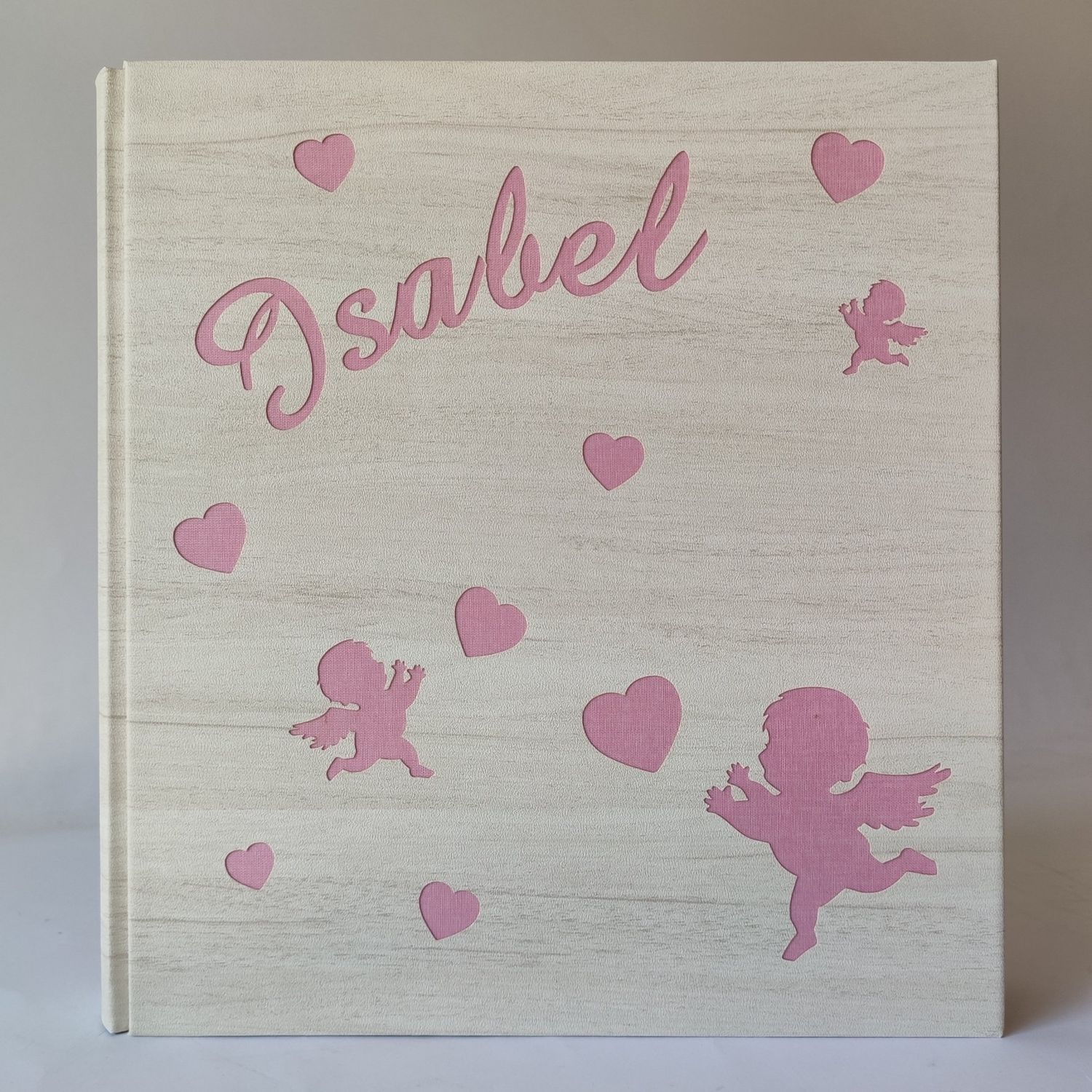Album fotografico tela di lino con angeli, cuori e nome