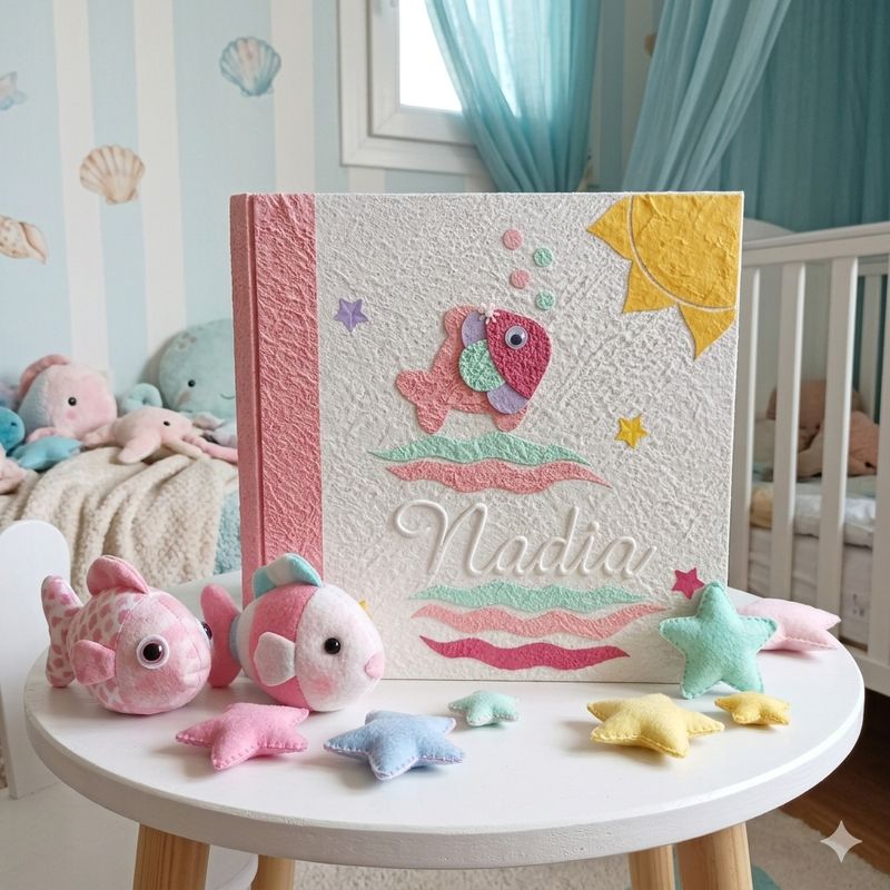 Album fotografico pesciolina con nome in bassorilievo Album fotografico pesciolina con nome in bassorilievo