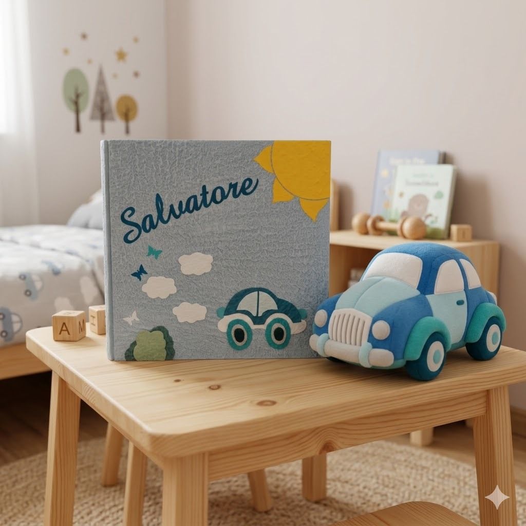 Album fotografico celeste con macchinina, sole e nome Album fotografico celeste con macchinina, sole e nome