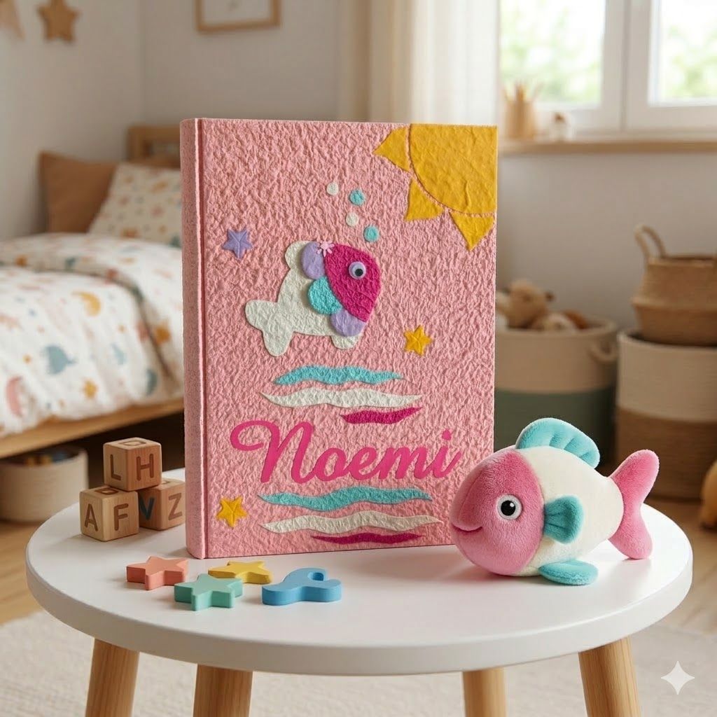 Album fotografico rosa con pesciolina, onde, bolle e nome bambina