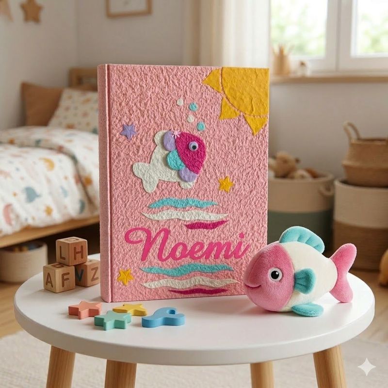 Album fotografico rosa con pesciolina, onde, bolle e nome bambina
