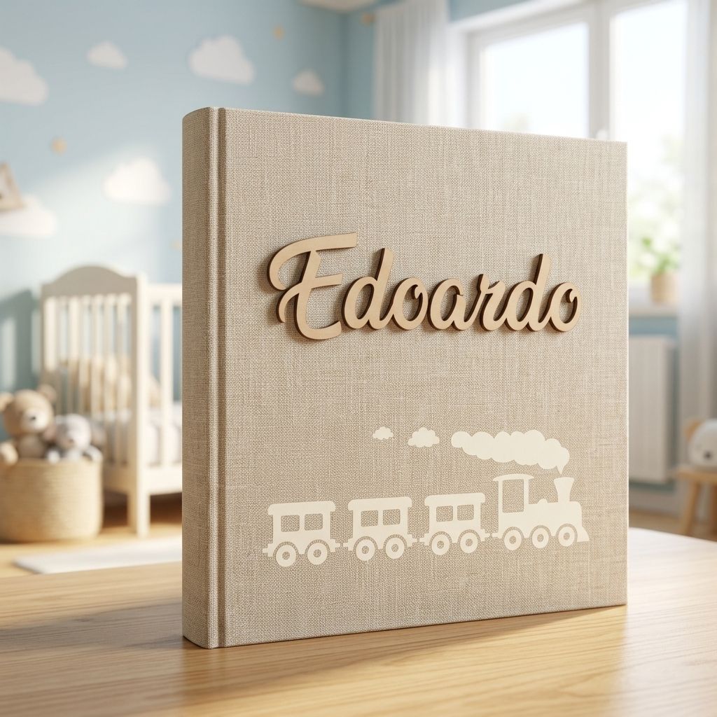Album fotografico con nome in legno e treno inciso 