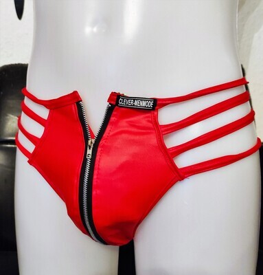 Männer Shorty, Tanga in Lederoptik mit Zipper &amp; Riemen, Wetlook Style, PU, Faux Leather, Red, One Size