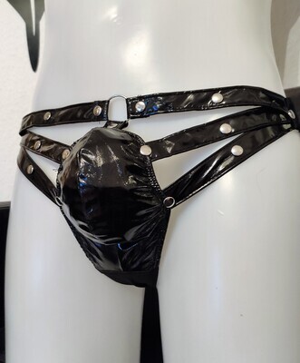 NEW! Mega &quot;Glossy&quot; Lackleder, Nieten, Nylon-StringTanga, Wetlook, Spiegelglanz, Black, One Size
