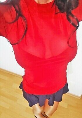 Sexy Nylon Shirt, Bluse, Langarm, Transparent mit X-trem Glossy Stretch in RED, Größe S oder 5XL