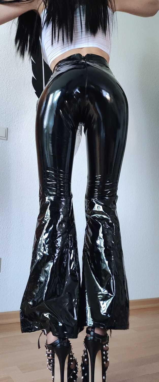 NEW! Mega Glossy Black Lackhose Highwaist Zipper ausgestelltes Bein Spiegelglanz Größe 3XL