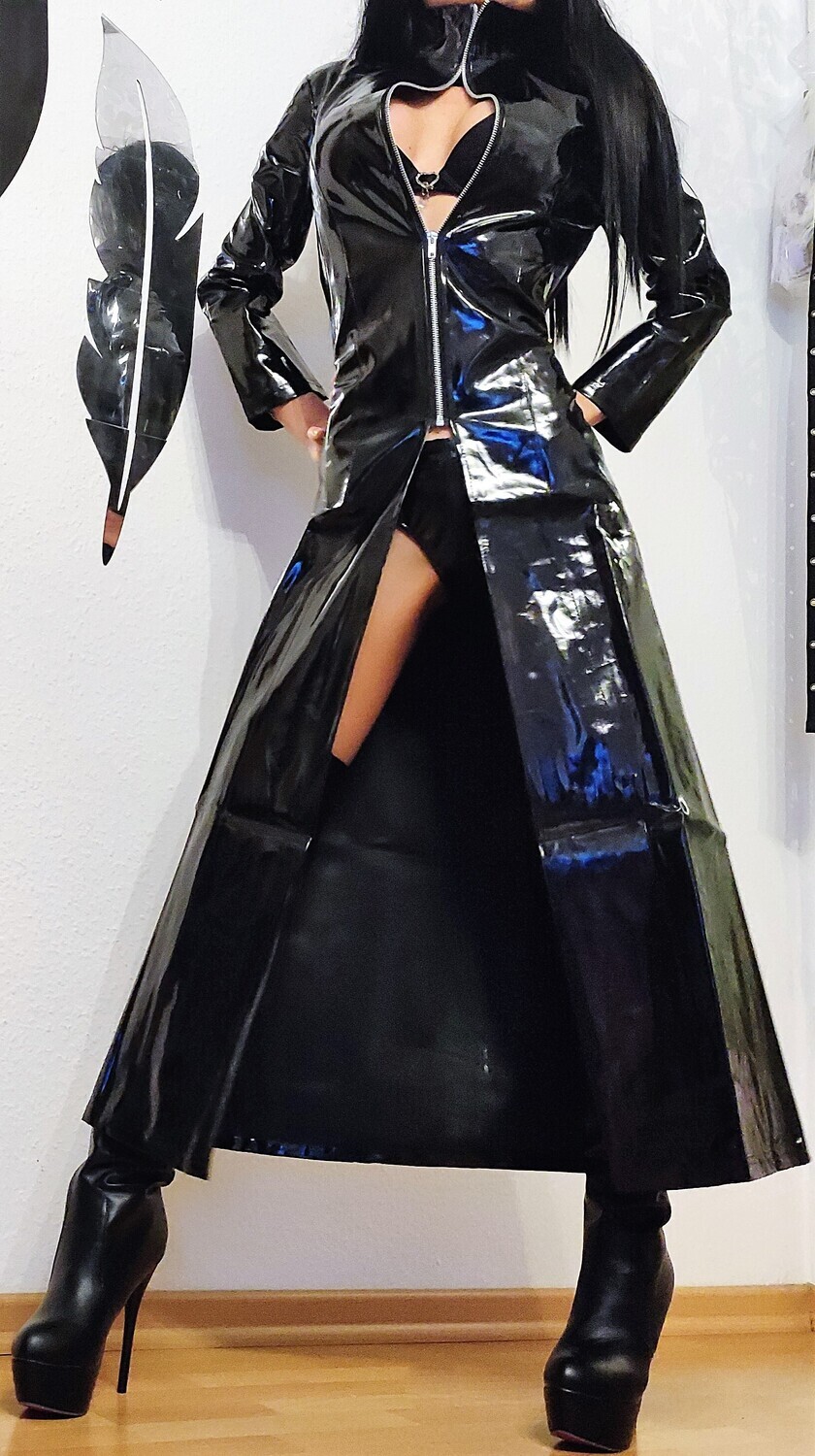 Glossy Black Lackmantel Sexy Tailliert Zipper Spiegelglanz S