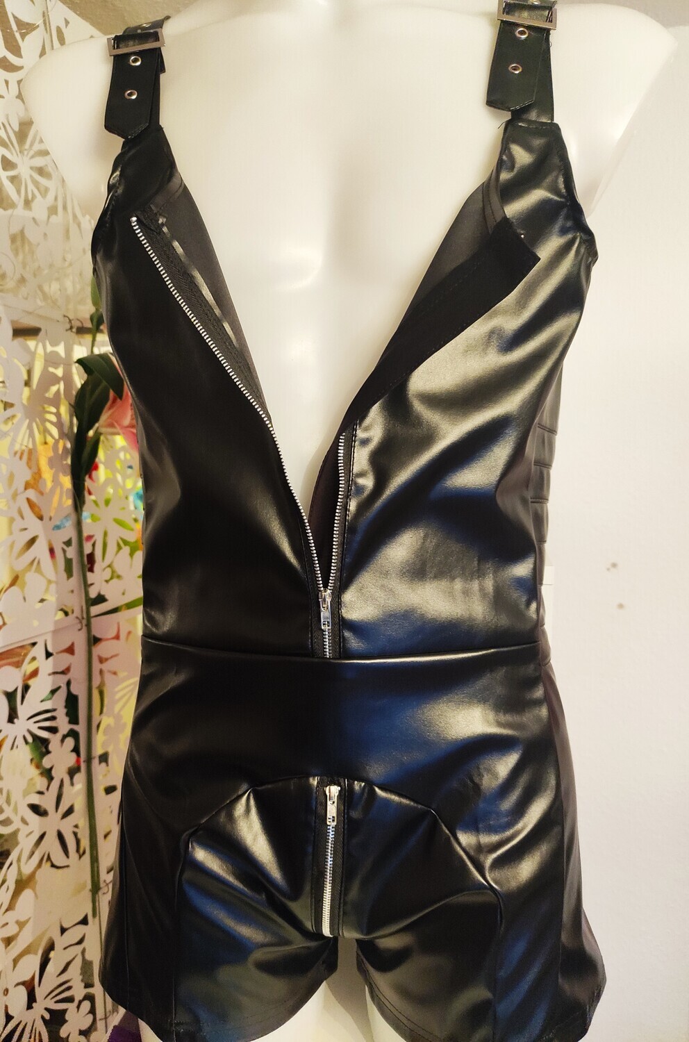 Men Playsuit Jumpsuit Soft Leather Wetlook Style 2 Zip Shape &amp; Push Up Size L