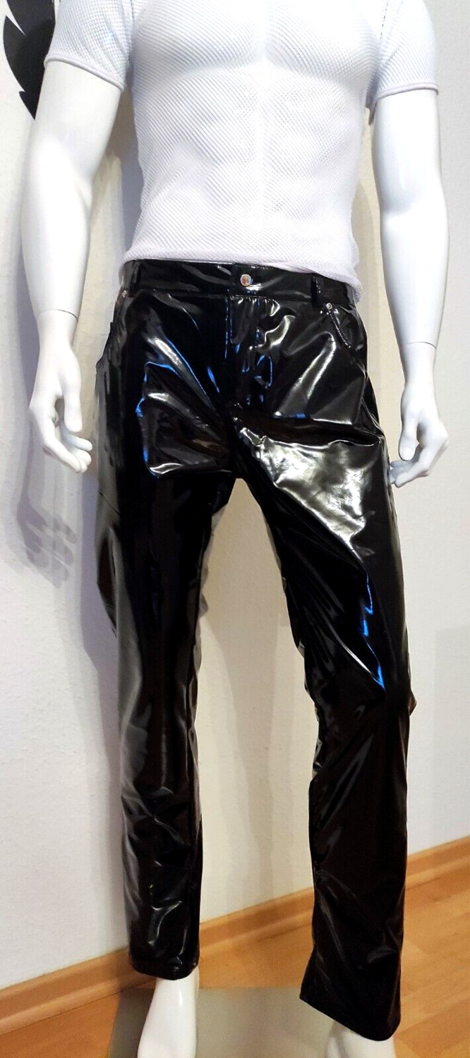 Brand New! X-tra Hot Herren Lackleder Hose Gerades Bein Zipper Glossy Black Gr S