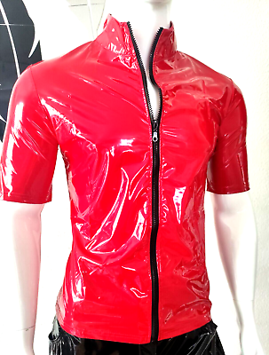 New for Men! Glossy Lackleder Hemd Kurzarm Sexy Lack Zipper Spiegelglanz Red, Size S