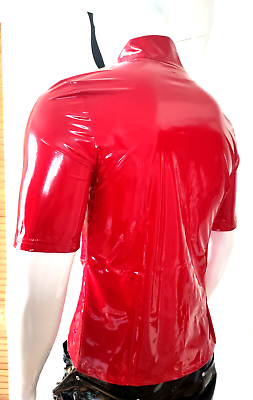 New for Men! Glossy Lackleder Hemd Kurzarm Sexy Lack Zipper Spiegelglanz Red, Size 5XL