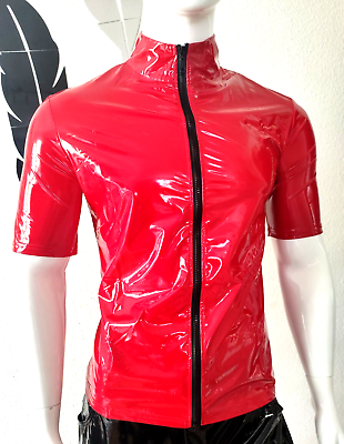 New for Men! Glossy Lackleder Hemd Kurzarm Sexy Lack Zipper Spiegelglanz Red, Size 7XL