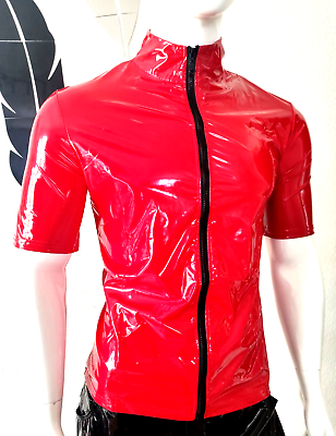 New for Men! Glossy Lackleder Hemd Kurzarm Sexy Lack Zipper Spiegelglanz Red, Size M