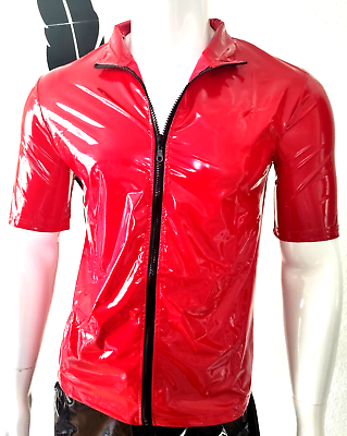 New for Men! Glossy Lackleder Hemd Kurzarm Sexy Lack Zipper Spiegelglanz Red, Size XL