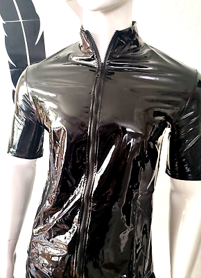 New for Men! Glossy Lackleder Hemd Kurzarm Sexy Lack Zipper Spiegelglanz Black, Size XL