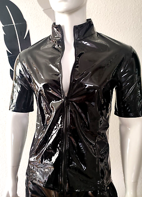 New for Men! Glossy Lackleder Hemd Kurzarm Sexy Lack Zipper Spiegelglanz Black, Size M