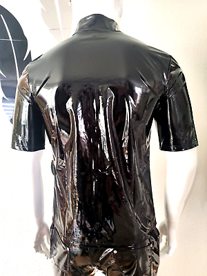 New for Men! Glossy Lackleder Hemd Kurzarm Sexy Lack Zipper Spiegelglanz Black, Size 7XL