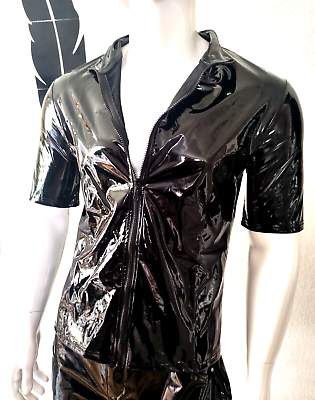 New for Men! Glossy Lackleder Hemd Kurzarm Sexy Lack Zipper Spiegelglanz Black, Size S