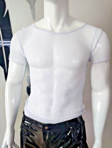 NEW! Netzhemd Kurzarm Herren Shirt Top Super Soft Stretch Sexy V-Neck White Gr 2