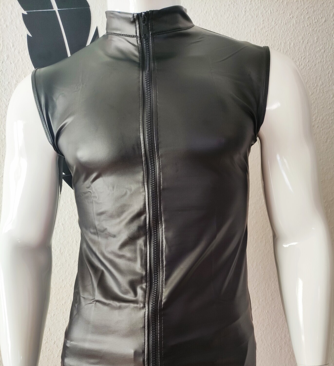Black Leather Vest Hoodie TankToppStyle Zipp. Stehkragen Shape Lederoptik Größe 3XL