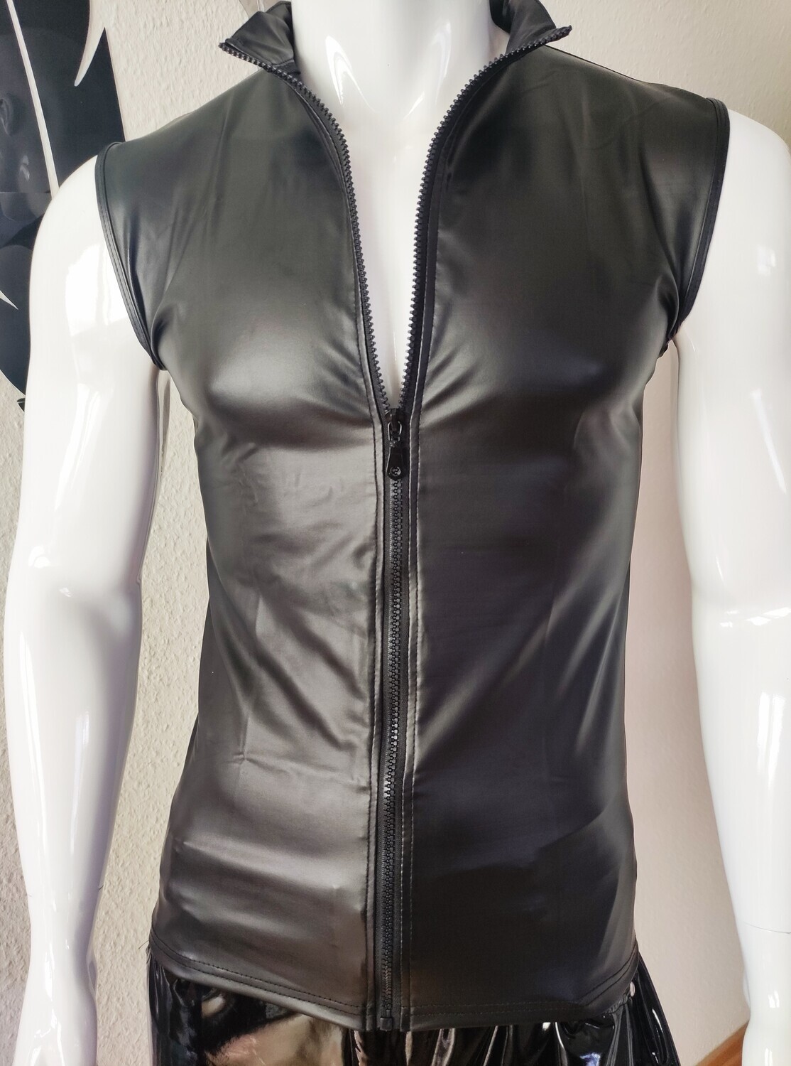 Black Leather Vest Hoodie TankToppStyle Zipp. Stehkragen Shape Lederoptik Größe 7XL