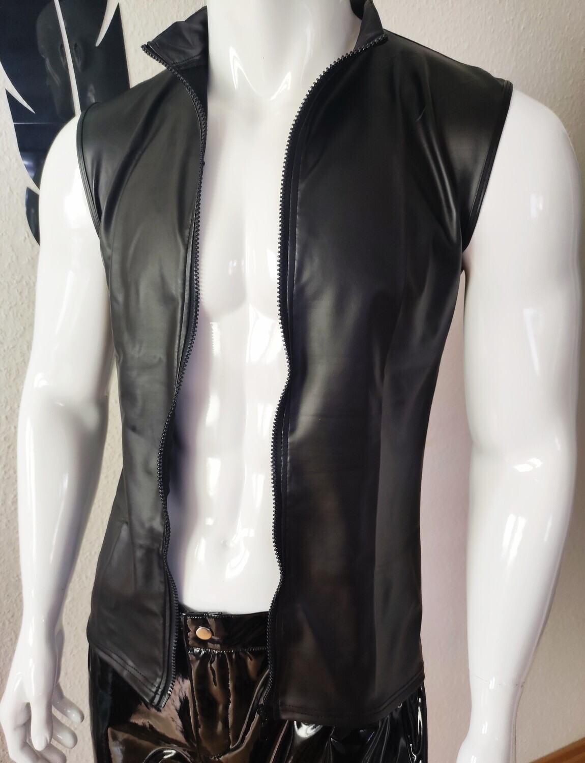 Black Leather Vest Hoodie TankToppStyle Zipp. Stehkragen Shape Lederoptik Größe 5XL