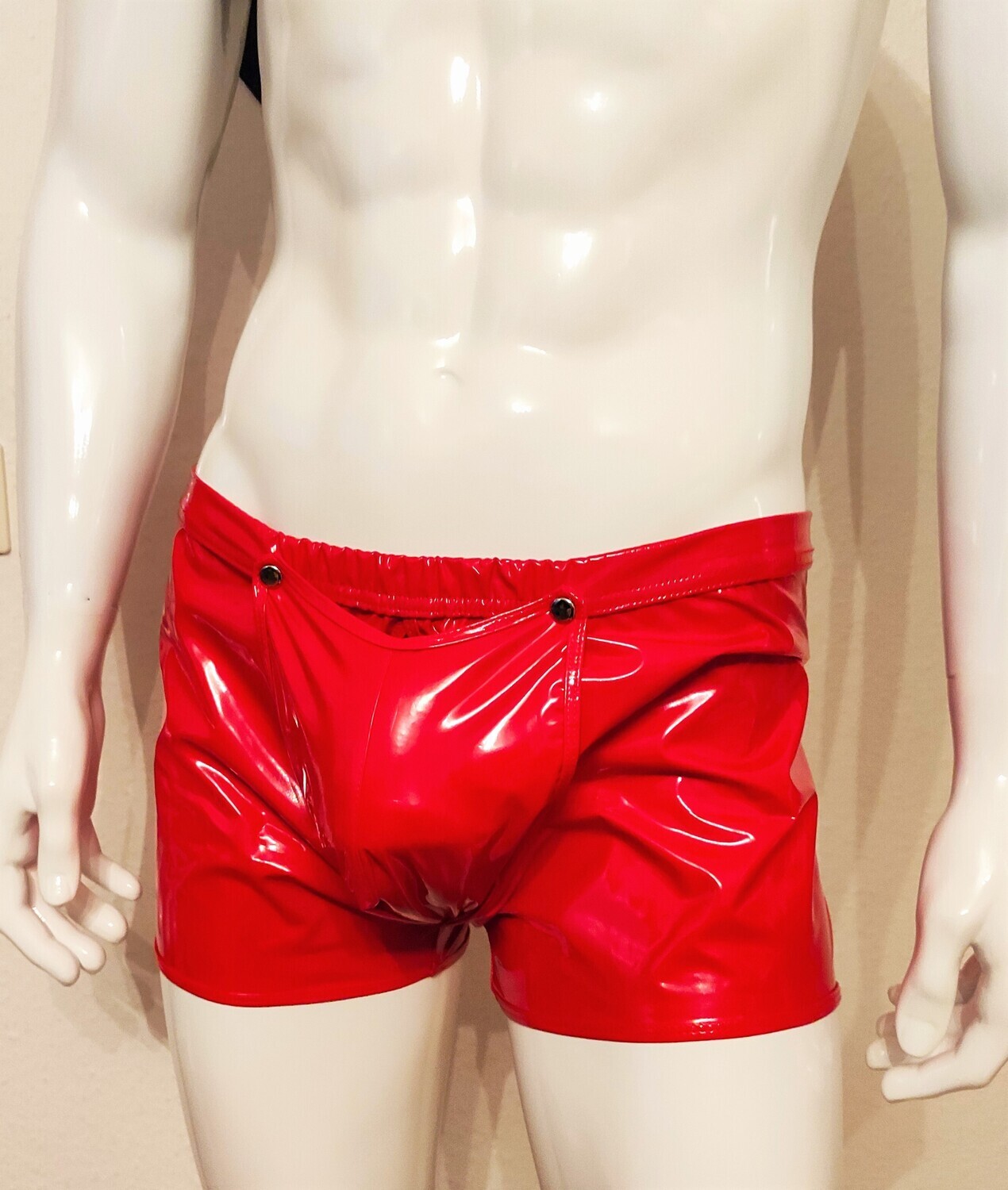 Black Specialz Sexy Men Glossy Lackleder Shorts Knöpfe Spiegelglanz Red S