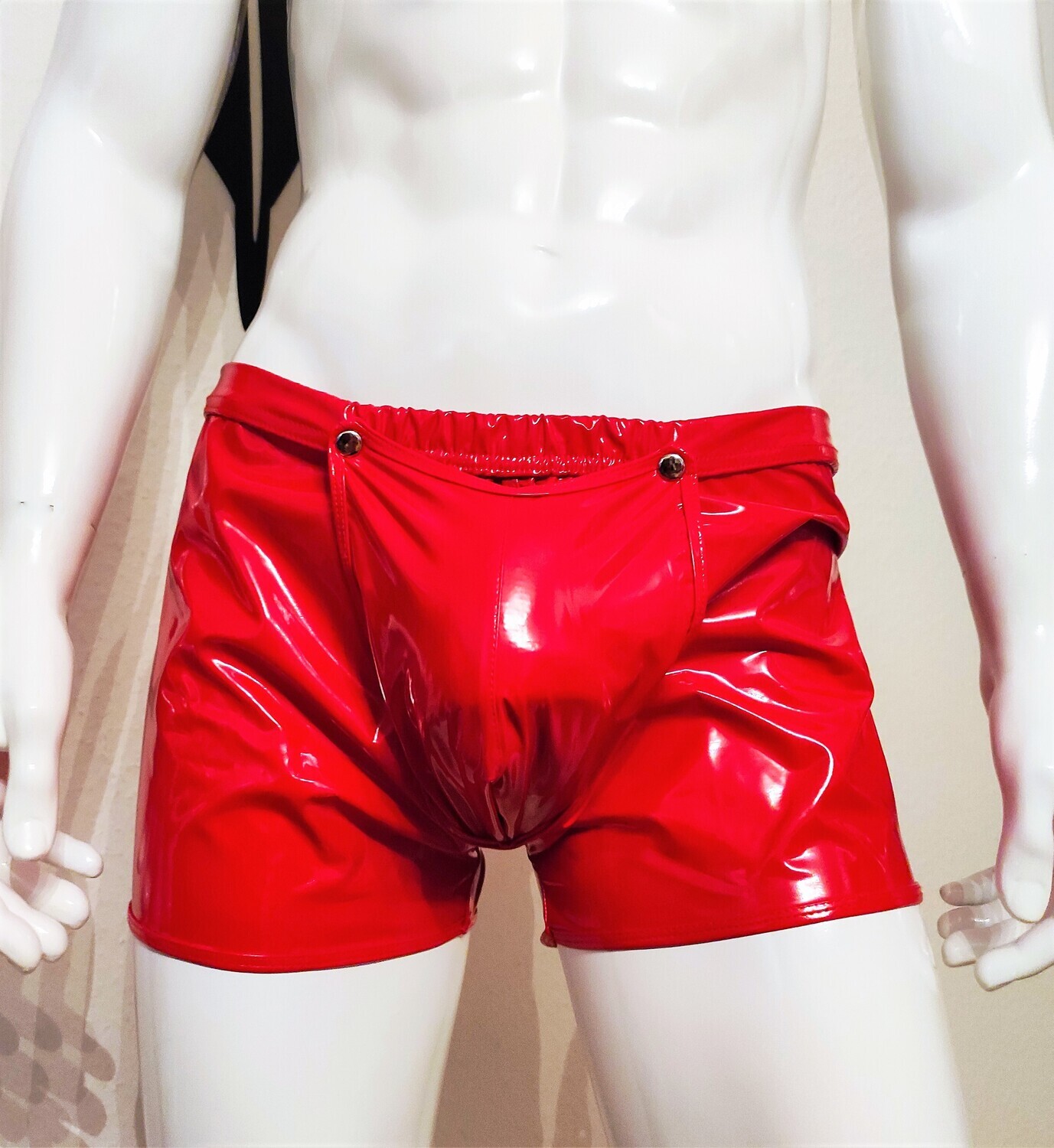 Black Specialz Sexy Men Glossy Lackleder Shorts Knöpfe Spiegelglanz Red L