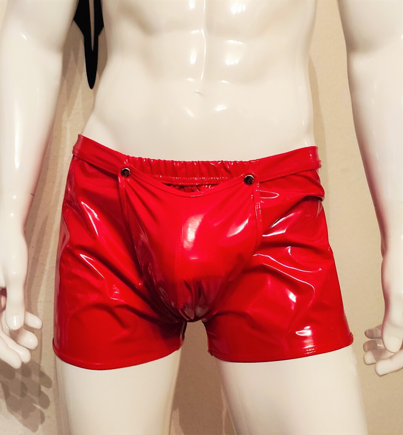Black Specialz Sexy Men Glossy Lackleder Shorts Knöpfe Spiegelglanz Red 3XL