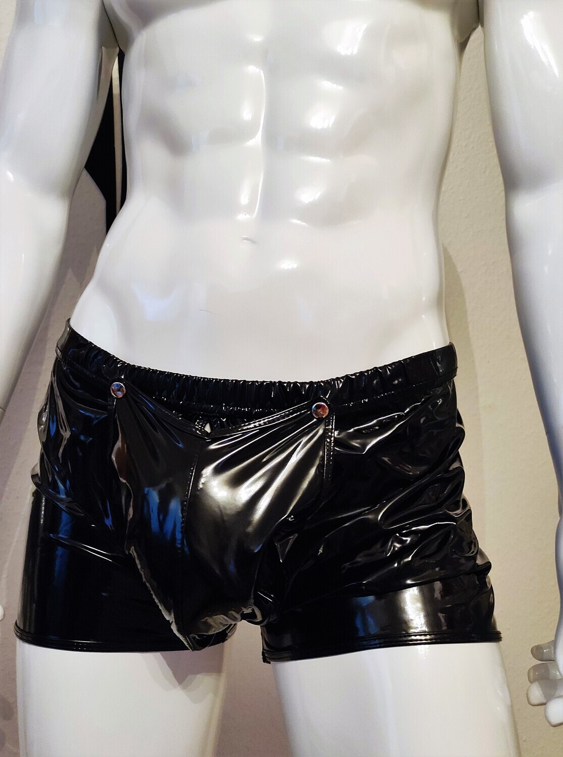 Black Specialz Sexy Men Glossy Lackleder Shorts Knöpfe Spiegelglanz Black L