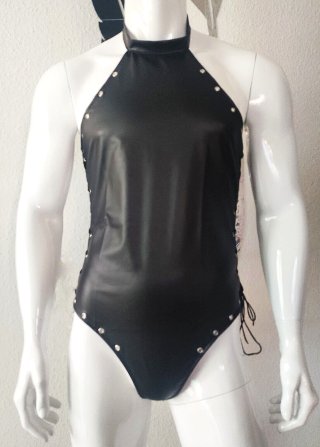 Unisex! Black Schnürbody Latex Optik Sexy Wetlook Halsriemen Small Snaps Größe 4XL/5XL
