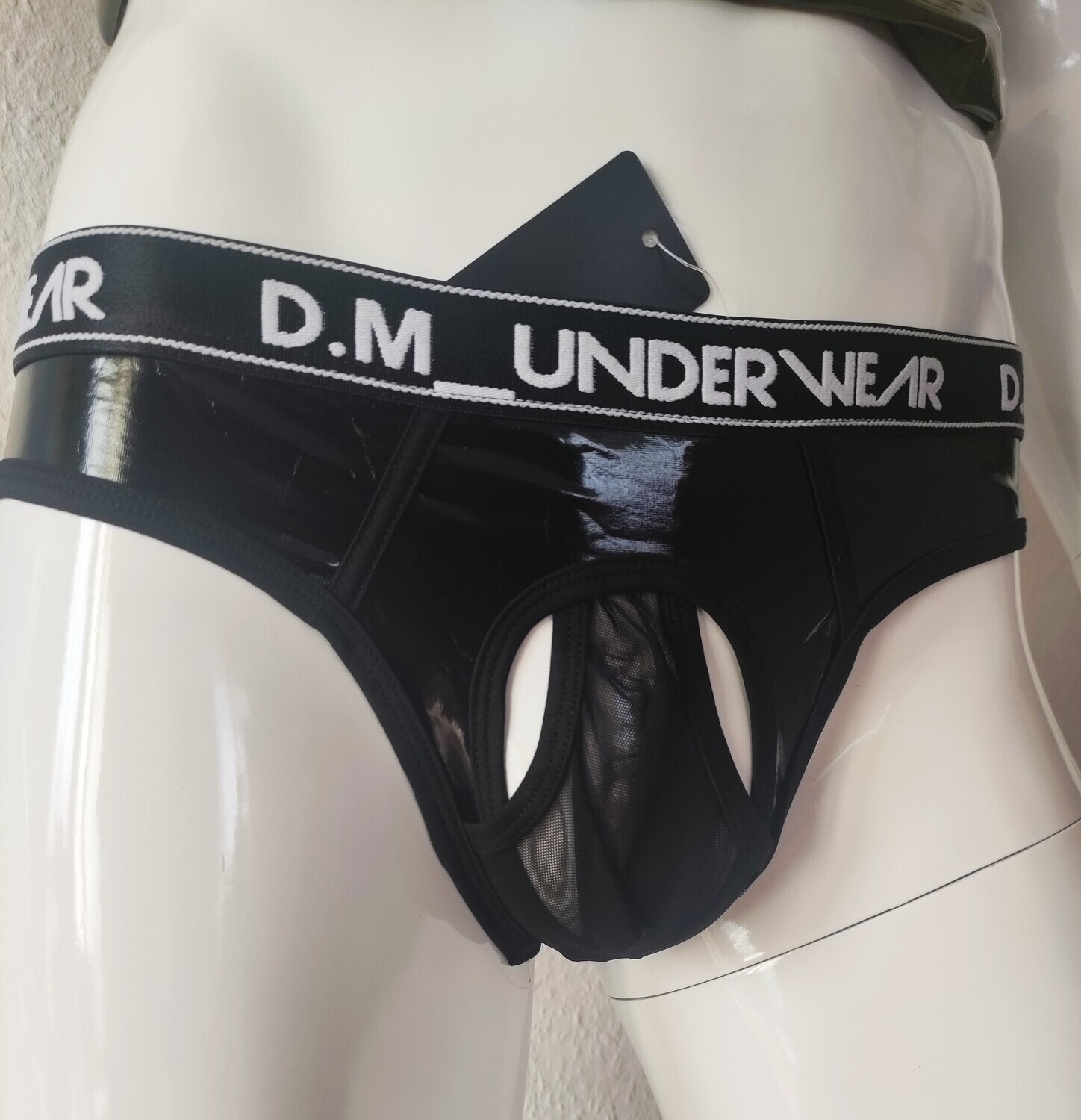 BLACK Specialz Lackleder &amp; Nylon Sexy StringTanga Spiegelglanz Softbund One Size