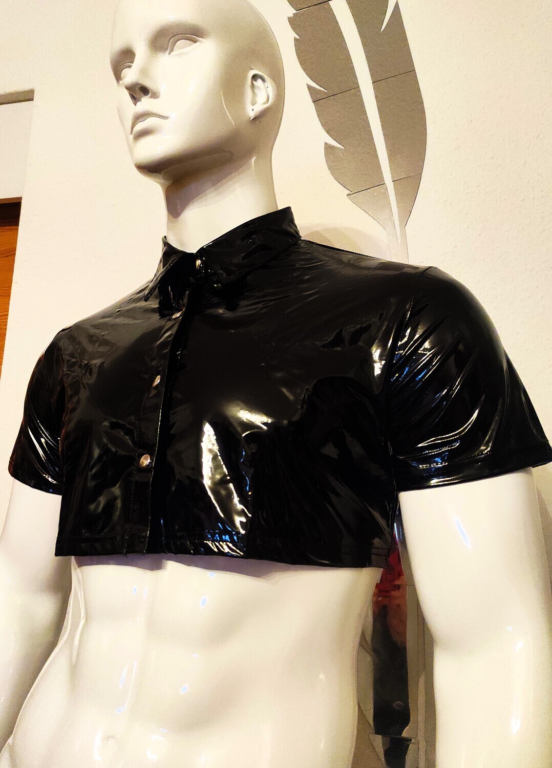 Lackleder Crop Top Hemd Herren, &quot;Glossy &amp; Softes&quot; Lackleder, Wetlook-Style, Size M