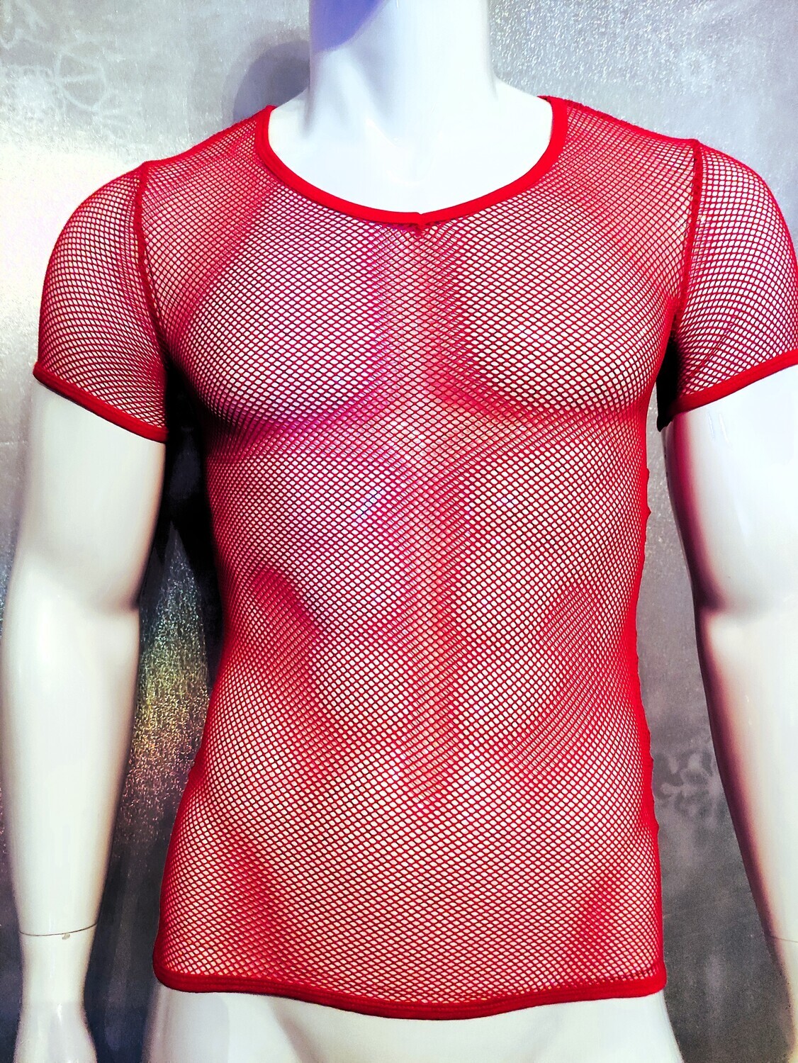 NEW! Netzhemd Kurzarm Herren Shirt Top Super Soft Stretch Sexy V-Neck Red Gr 2
