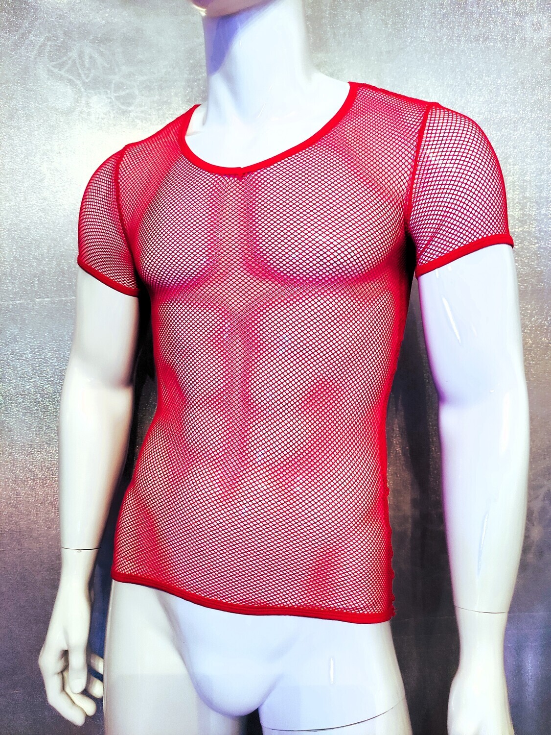 NEW! Netzhemd Kurzarm Herren Shirt Top Super Soft Stretch Sexy V-Neck Red Gr 1