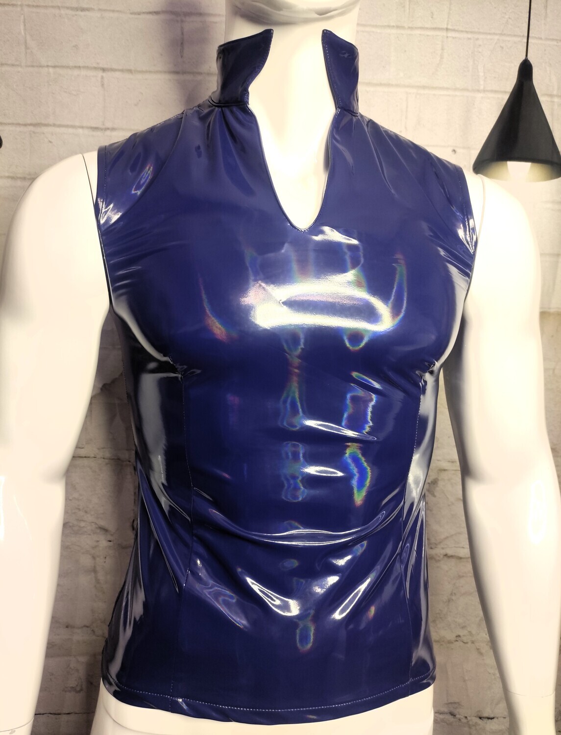 Glossy Blue Laser Lack Shirt Men Part I, BSaM Brand, Sexy Shape &amp; Form Size 2XL