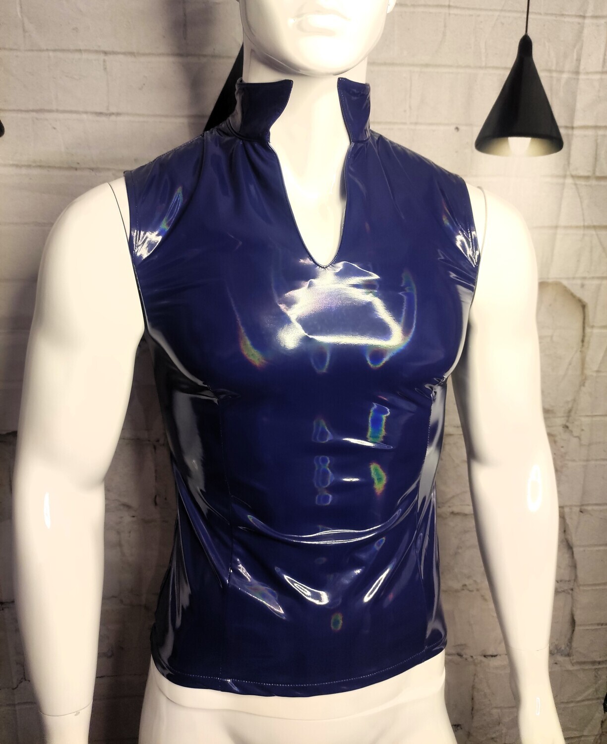 Glossy Blue Laser Lack Shirt Men Part I, BSaM Brand, Sexy Shape &amp; Form Size 3XL