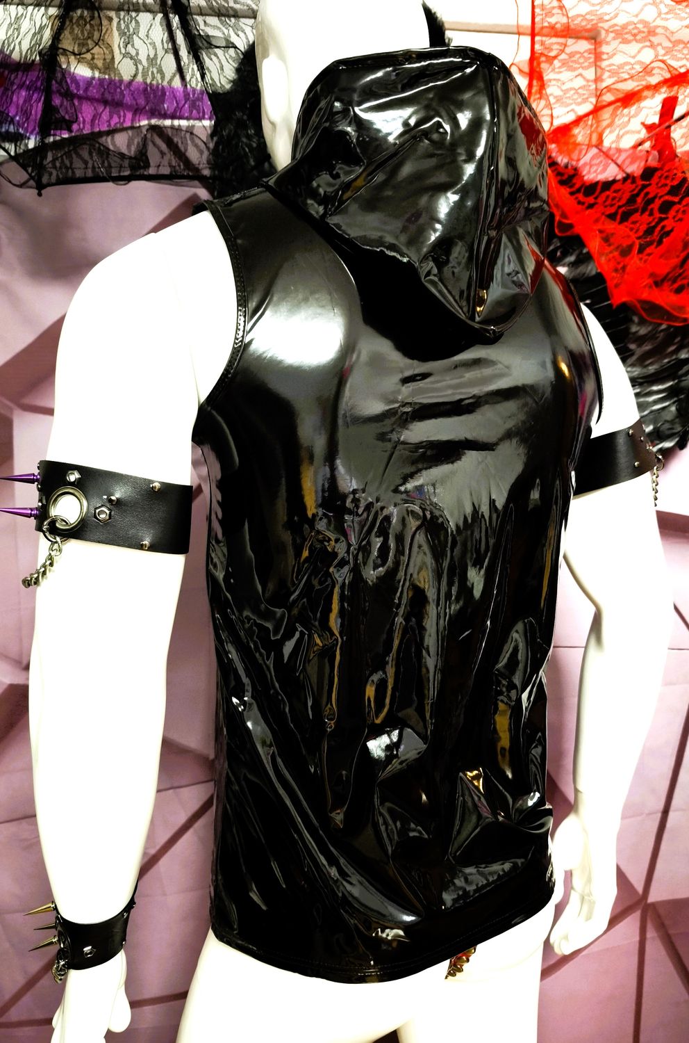 NEW! Black Specialz 2in1 Glossy Lack Hoodie Spiegellack Weste Zipper Black Gr XS, S, M, L, XL