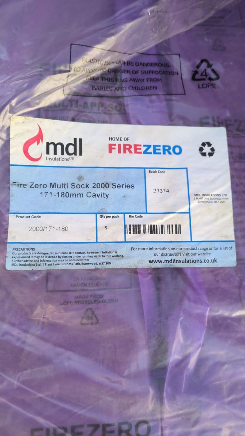 Fire Zero Multi Sock 2000 Series 171-180mm Cavity Insulation (Pack of 5)