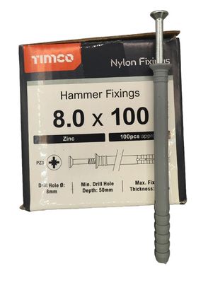 TIMCO 8.0 x 100mm Nylon Hammer Fixing Pins Box of 100