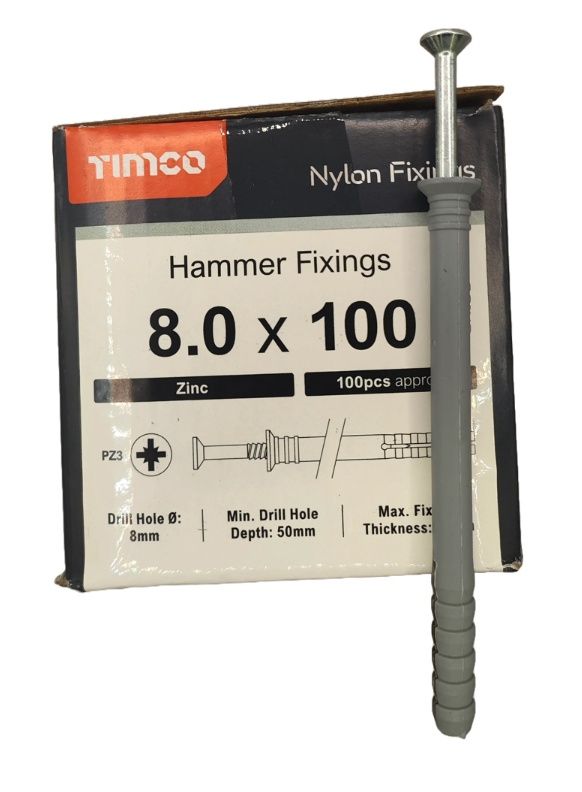 TIMCO 8.0 x 100mm Nylon Hammer Fixing Pins Box of 100