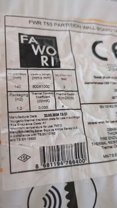 Insulation FWR T50 Partition Wall Board 140mm 1.2m2