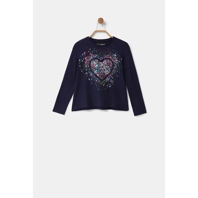 E10259DES / 21WGTK10 TSHIRT NAVY CORE LONG SLEEVE HEART WITH MULTI COLORED SEQUIN  & PRINT